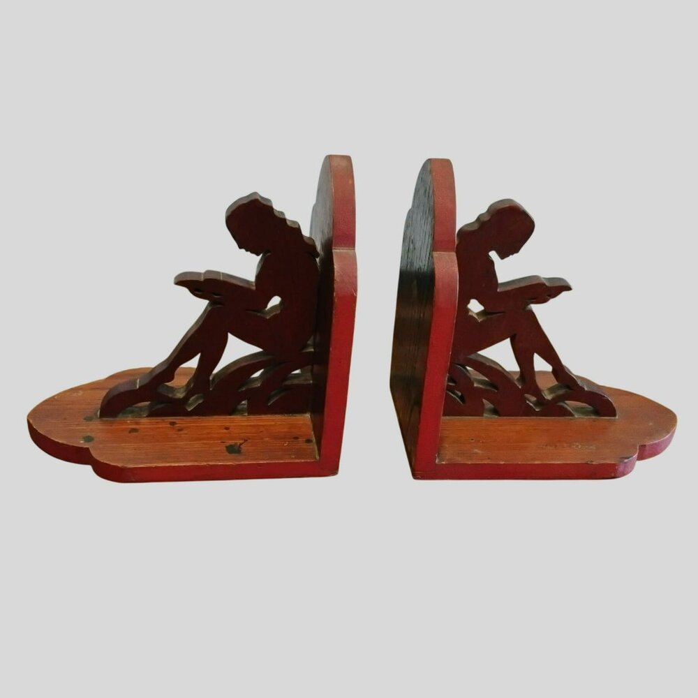 Vintage Wood Bookends with Carved Silhouette Of Woman Reading Rustic Bookish